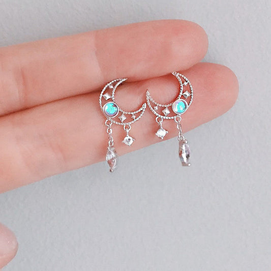 Celestial Blue Crescent Tassel Earrings