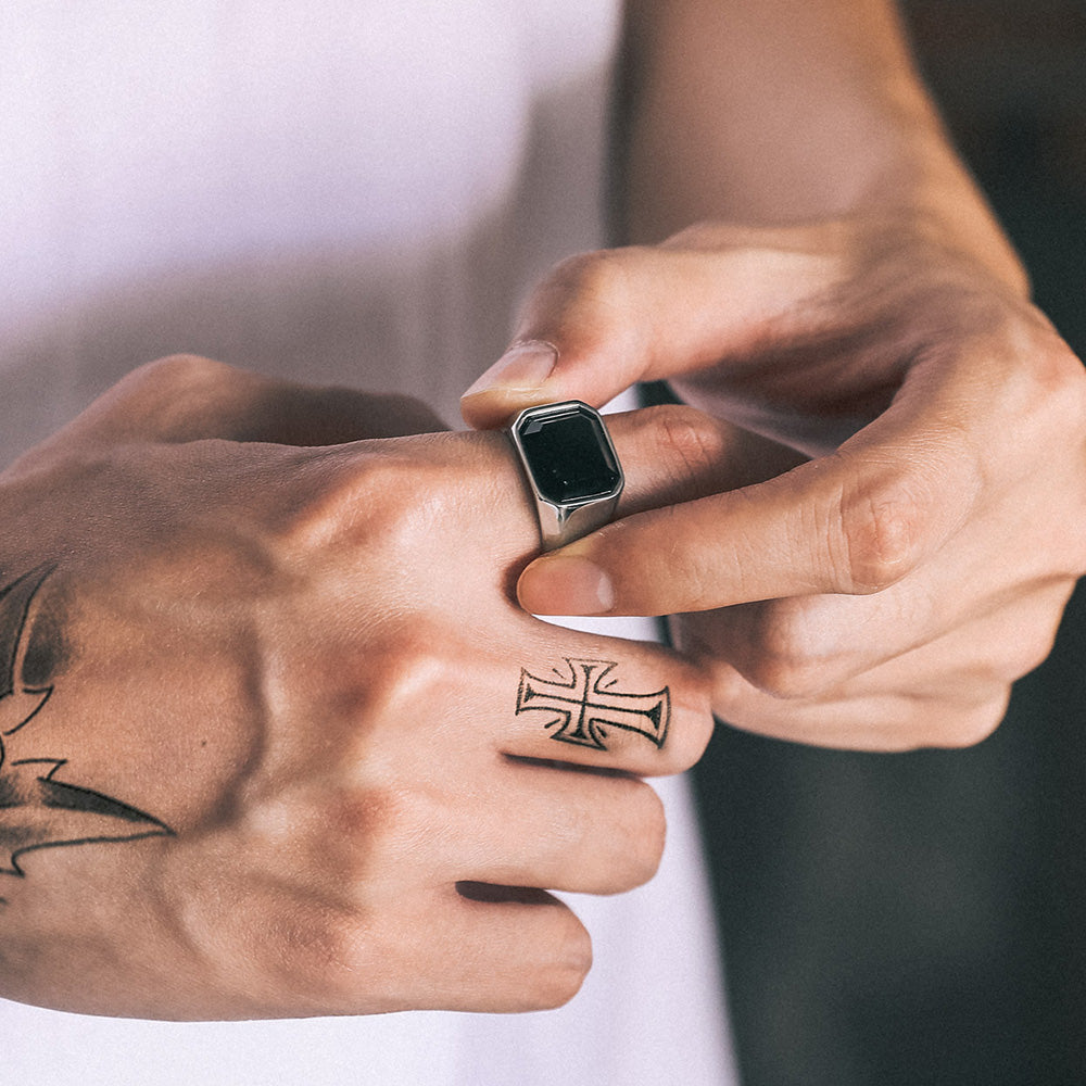 Engraved Black Onyx Signet Ring for