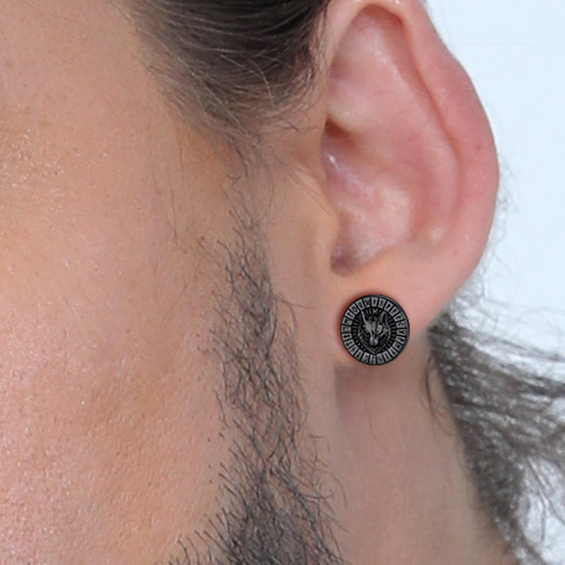 Viking Wolf Head Stud Earrings With Runes for