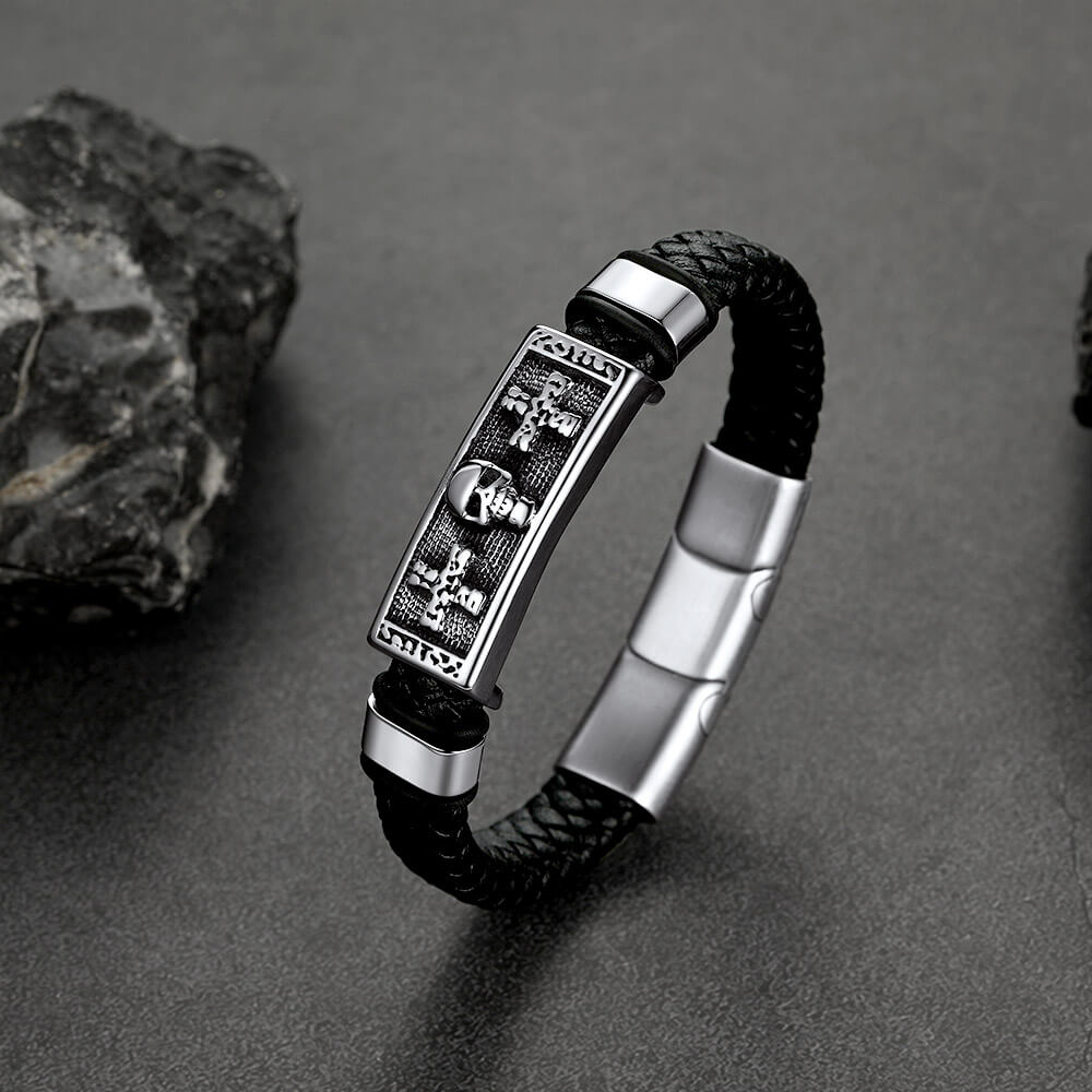 Gothic Black Skull Braided Leather Bracelet for Son Grandson