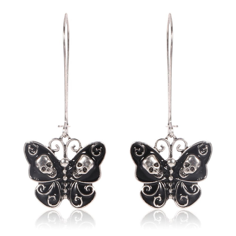 Gothic Black Skull Butterfly Earrings
