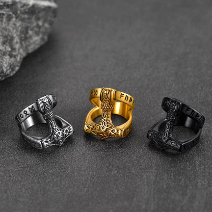 Viking Mjolnir Thor's Hammer Ring With Rune for