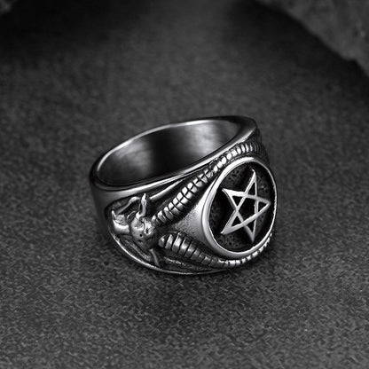 Satanic Goat Pentagram Ring Baphomet Ring for