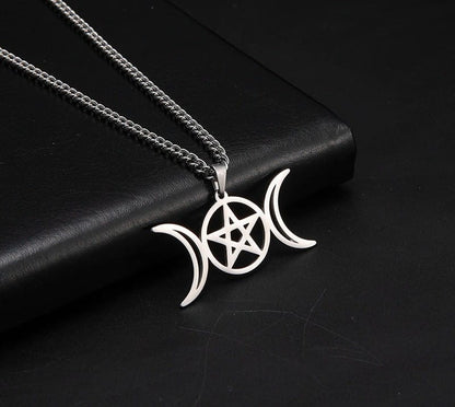 Triple Moon Goddess Pentagram Necklace