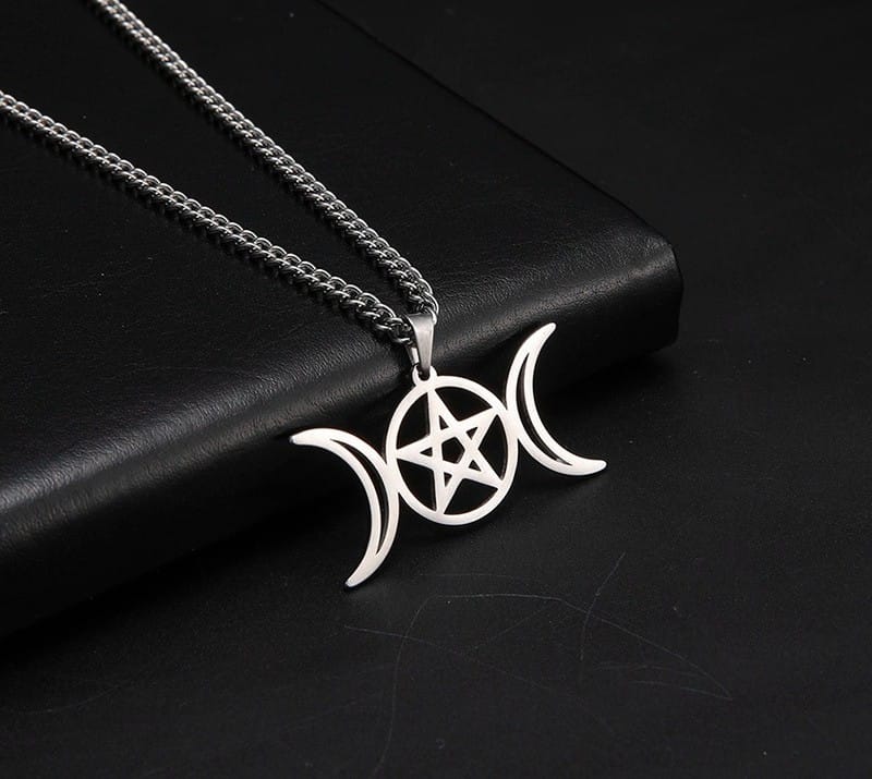 Triple Moon Goddess Pentagram Necklace