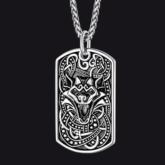 Engraved Viking Celtic Wolf Dog Tag Necklace for