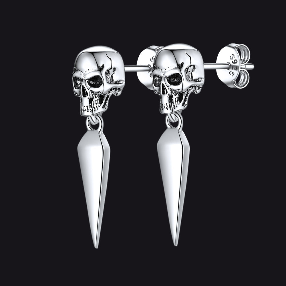 Sterling Silver Gothic Skull Dangle Stud Earrings for