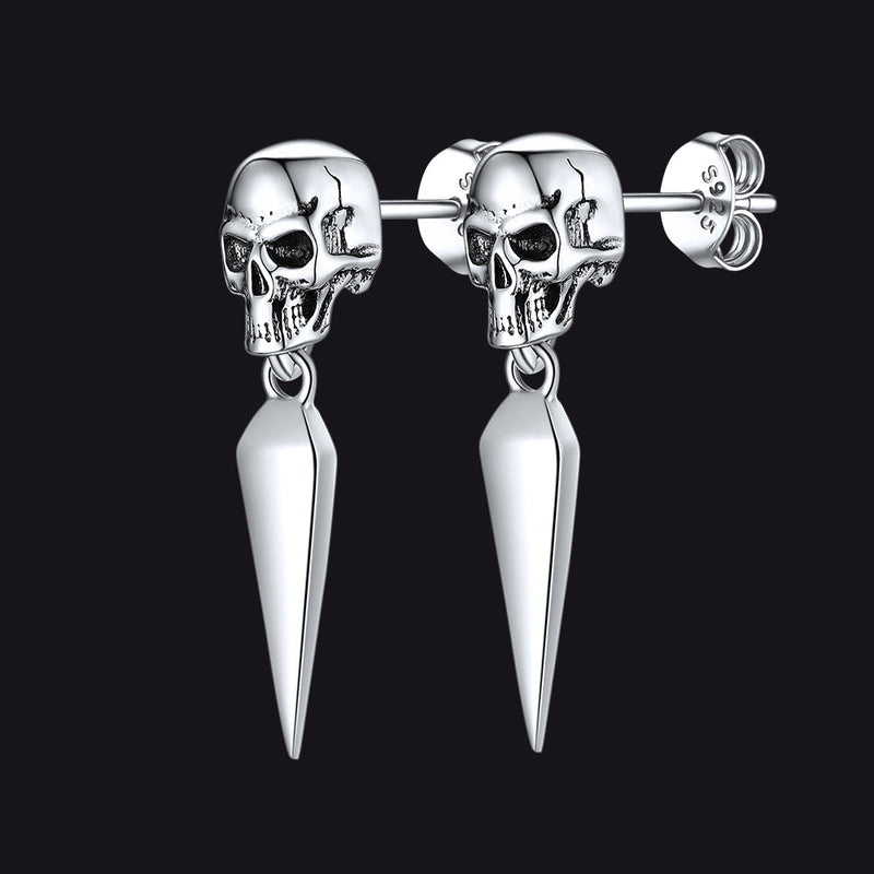 Sterling Silver Gothic Skull Dangle Stud Earrings for