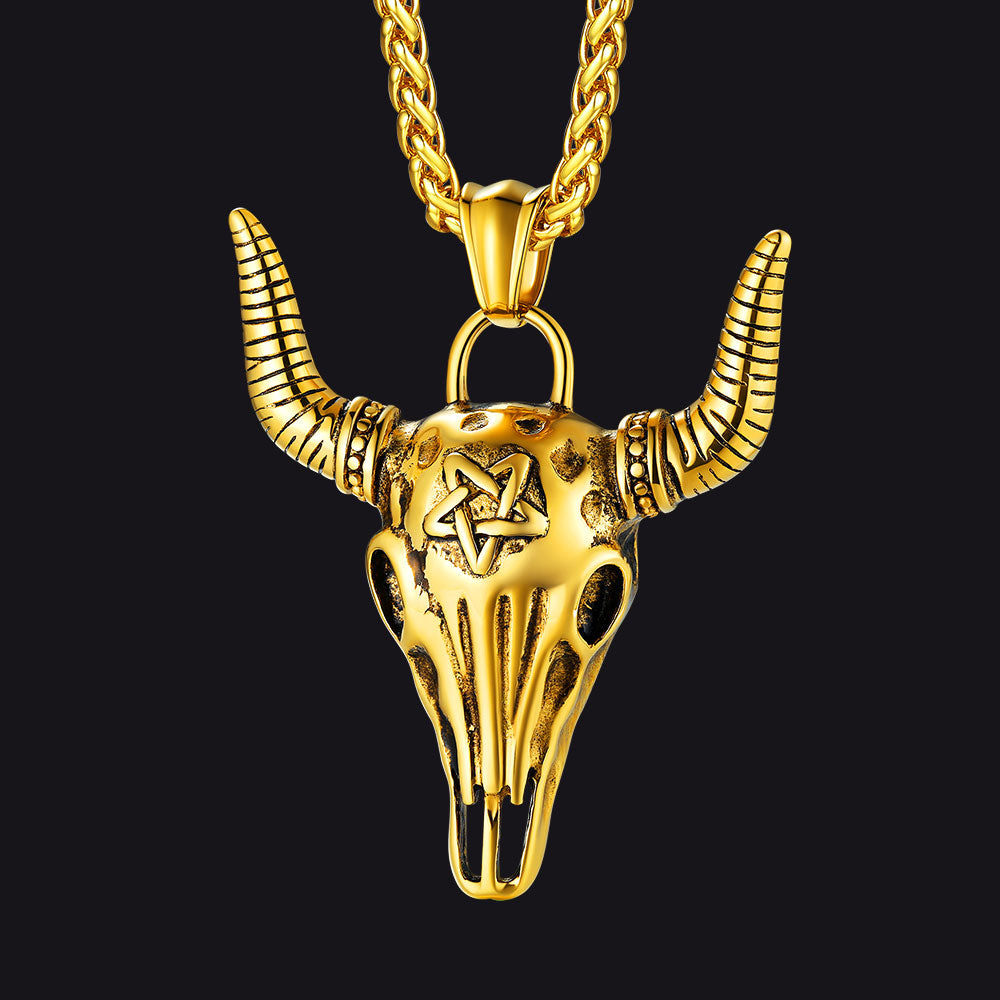 Flash Satanic Bull Cow Skull Necklace With Invert Pentagram for