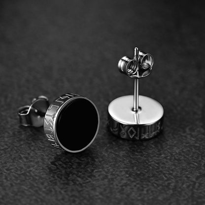 Sterling Silver Viking Runes Black Onyx Stud Earrings for