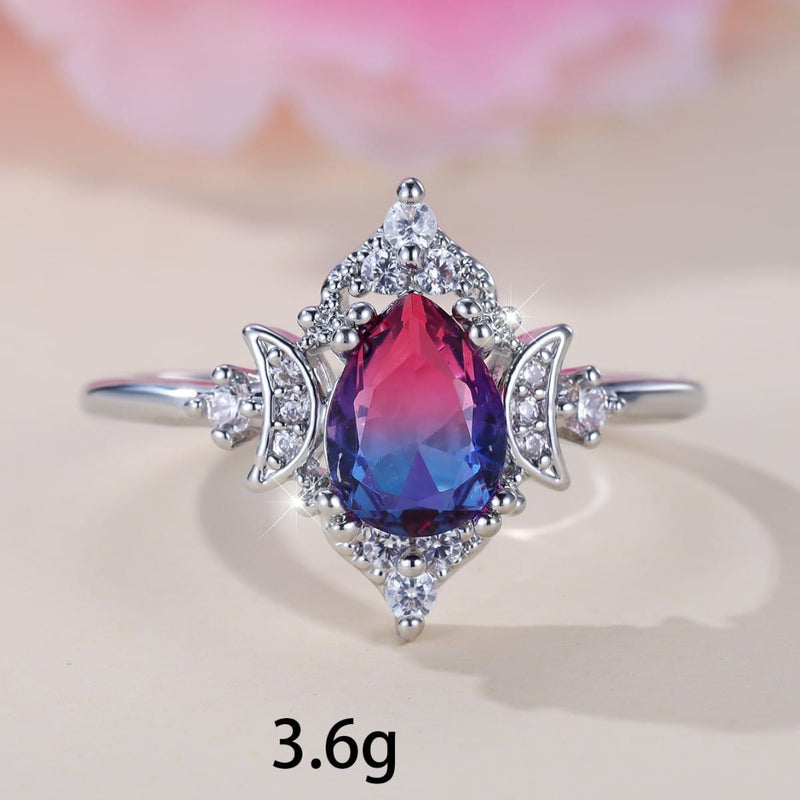 Mystic Triple Moon Goddess Cz Tourmaline Ring