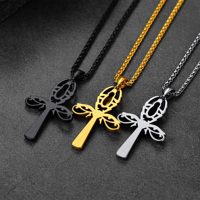 Egyptian Scarab Ankh Cross Necklace for