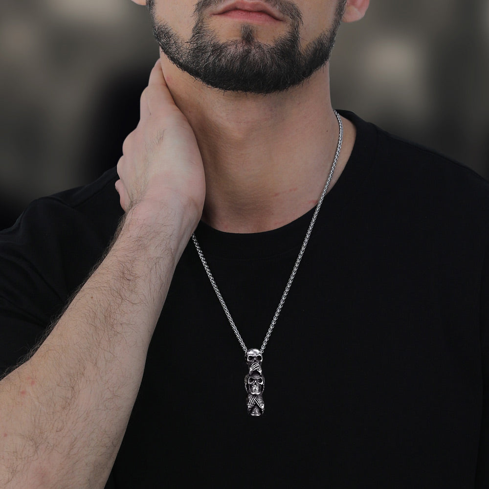 See No Evil, Hear No Evil, Speak No Evil Skull Necklace for