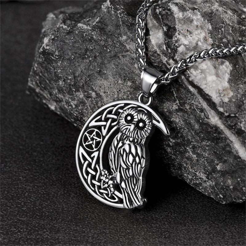 Viking Celtic Crescent Moon Owl Necklace for