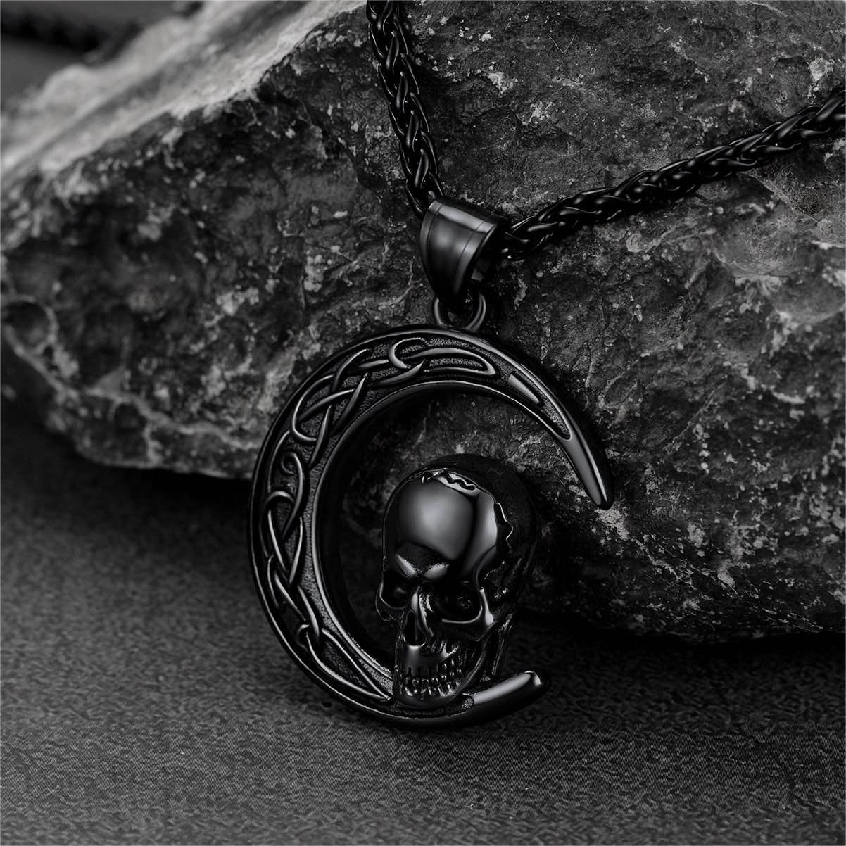 Flash Celtic Crescent Moon Skull Necklace for