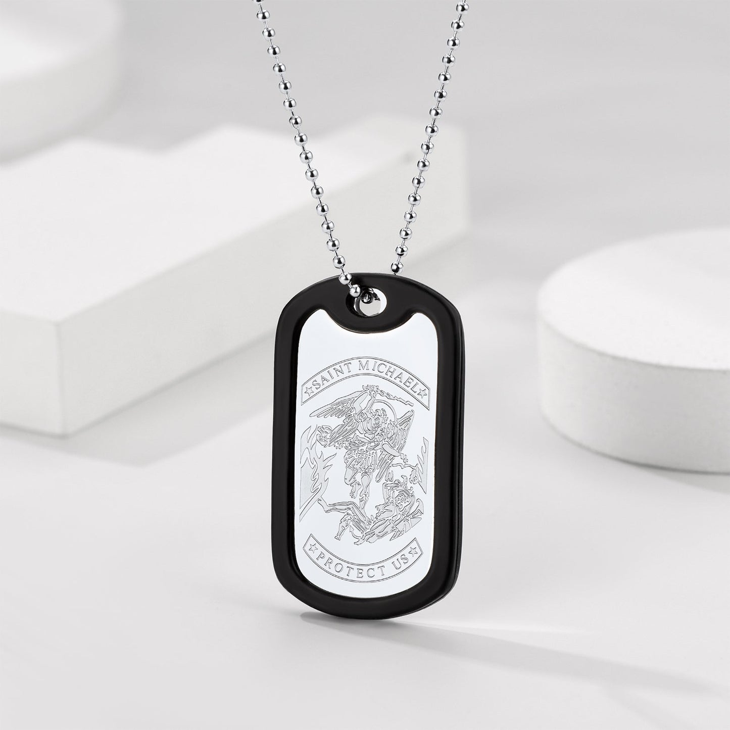 Engraved Military Saint Michael Necklace Dog Tag for