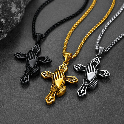 Flash Christian Praying Hands Cross Necklace for