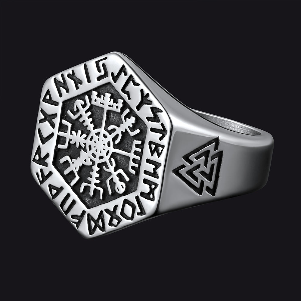 Viking Hexagon Compass Ring With Runes for