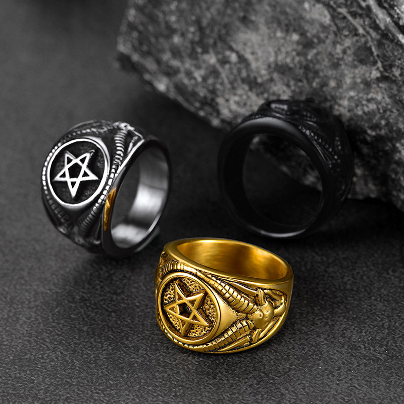 Satanic Goat Pentagram Ring Baphomet Ring for