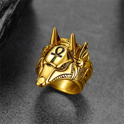 Ancient Egyptian Anubis Ring With Ankh Cross for