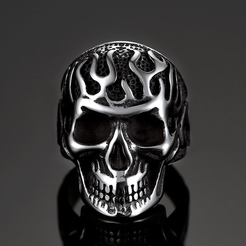 Gothic Fire Flaming Skull Stainless Steel Ring for