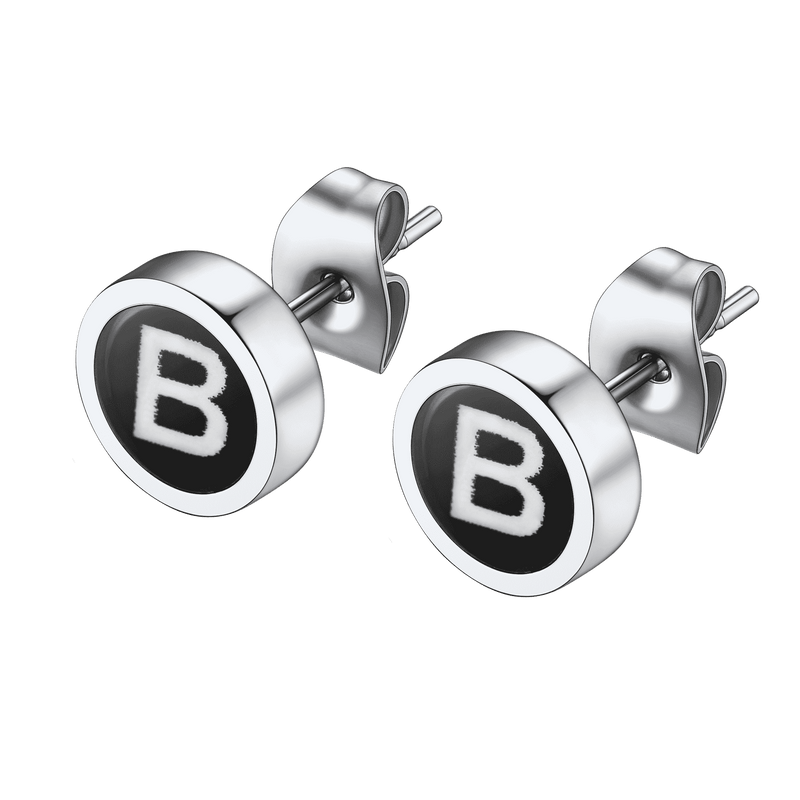 Personalized Black Enamel Initial Letter Stud Earrings for