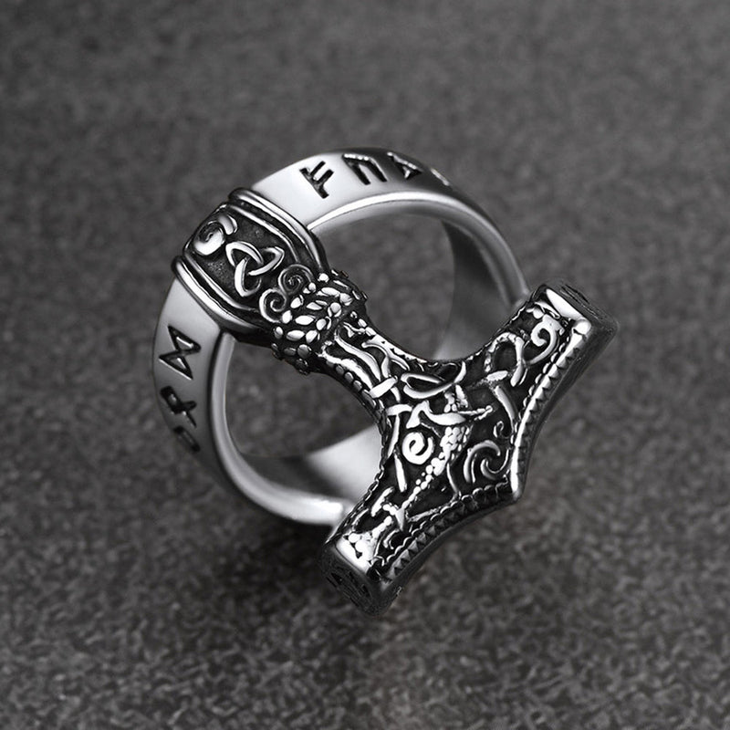 Viking Mjolnir Thor's Hammer Ring With Rune for