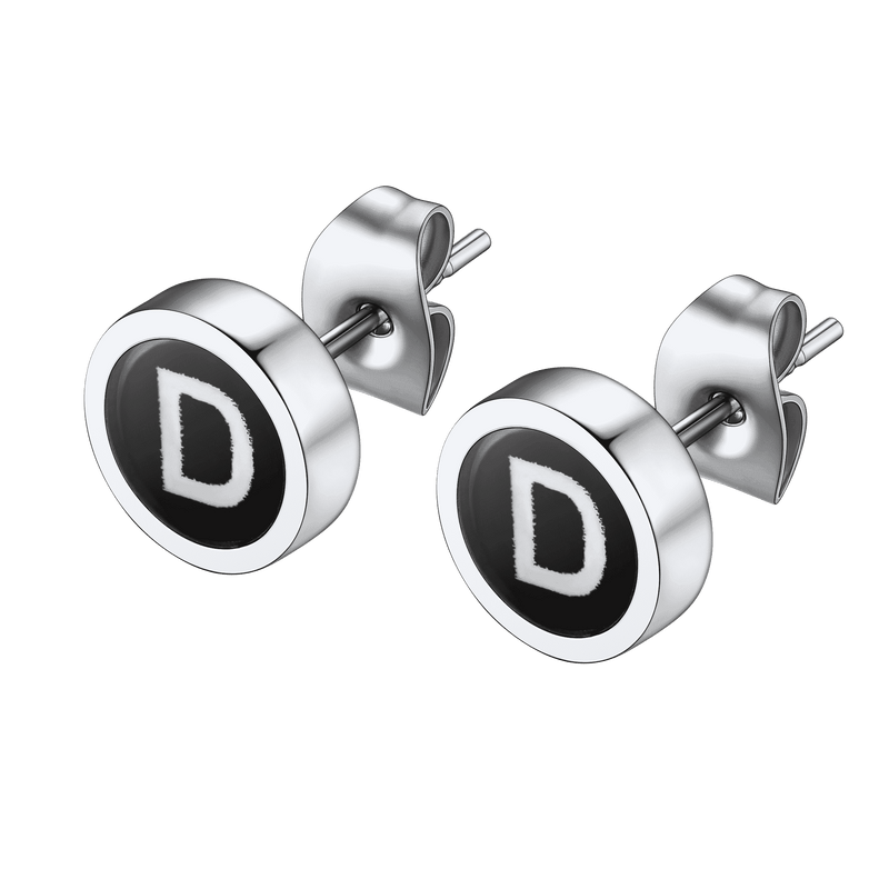 Personalized Black Enamel Initial Letter Stud Earrings for