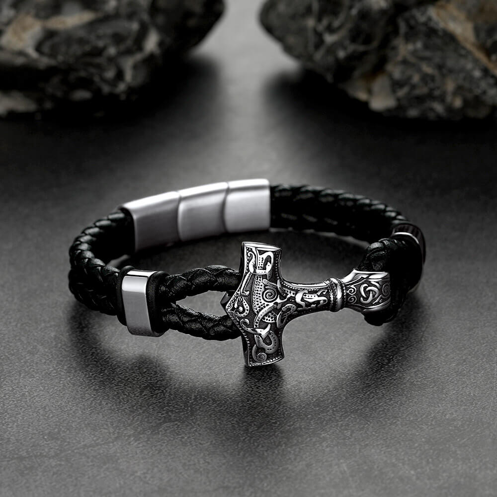 Viking Thor's Hammer Mjolnir Braided Leather Bracelet Gift for