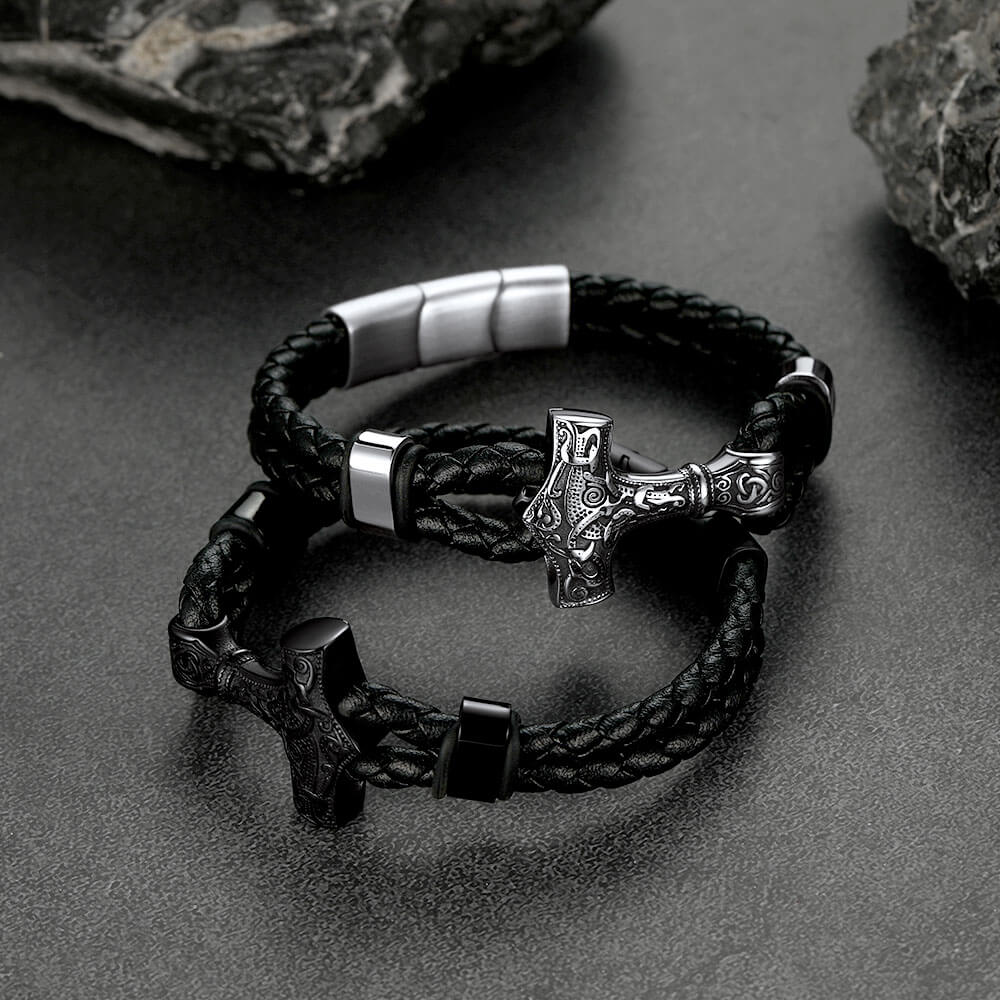 Viking Black Engraved Leather Braided Wristband Bracelet for