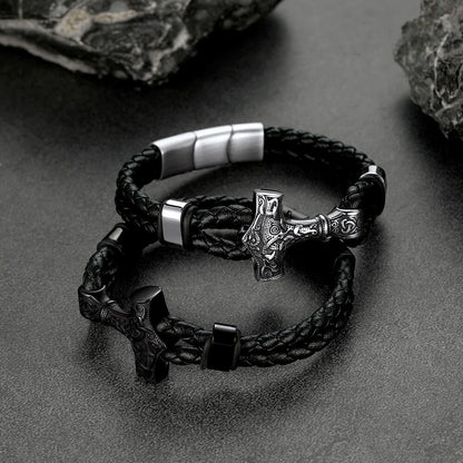 Viking Thor's Hammer Mjolnir Braided Leather Bracelet Gift for