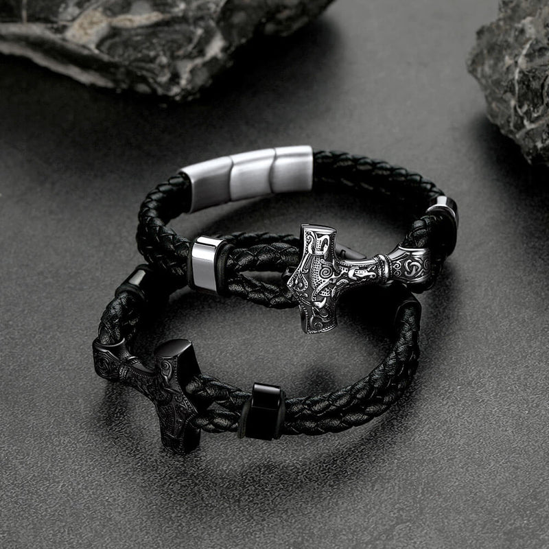 Viking Black Engraved Leather Braided Wristband Bracelet for