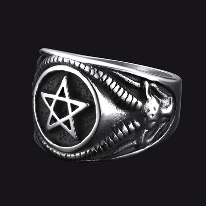 Satanic Goat Pentagram Ring Baphomet Ring for