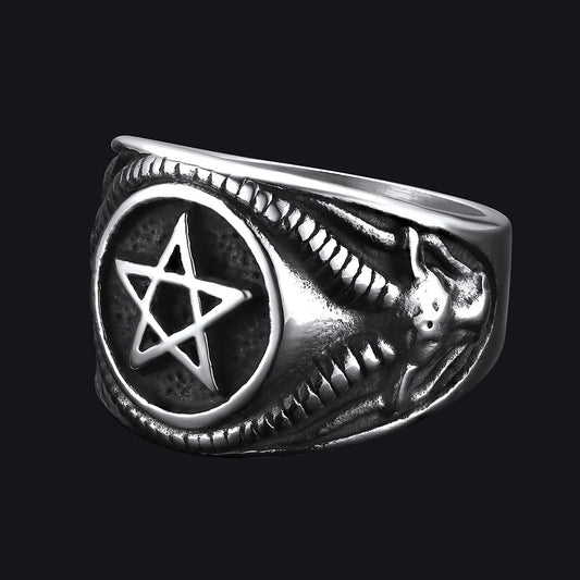 Satanic Goat Pentagram Ring Baphomet Ring for