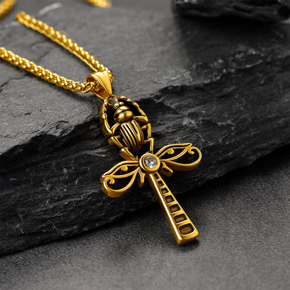 Egyptian Scarab Ankh Cross Necklace for