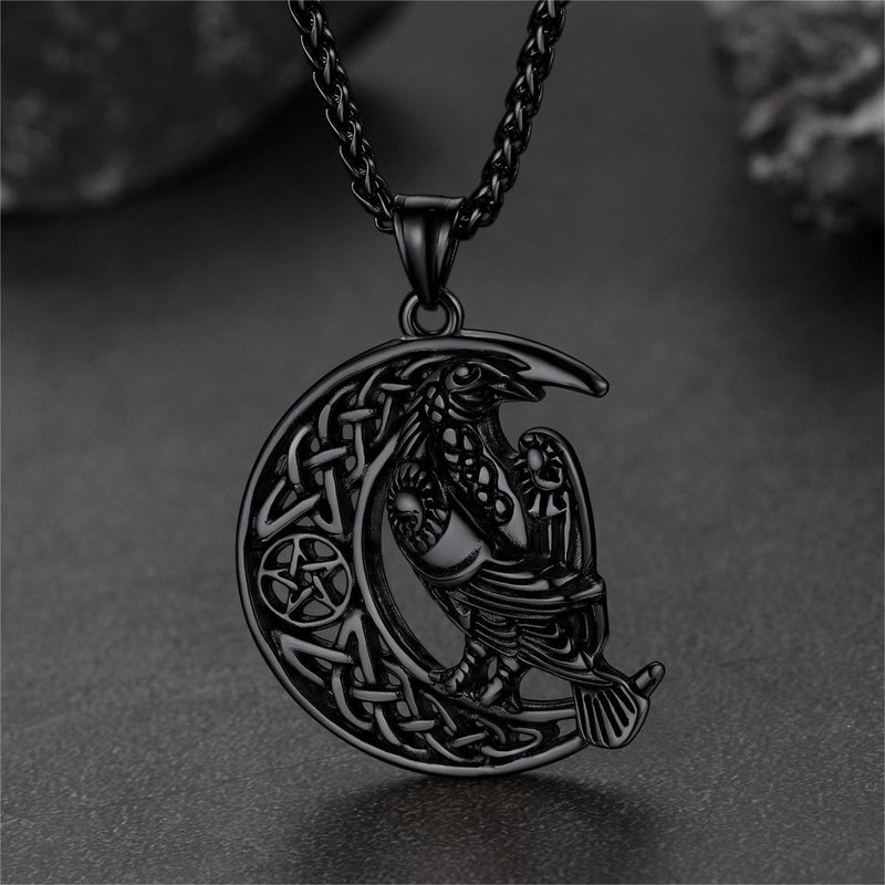 Celtic Crescent Moon Necklace With Odin Raven