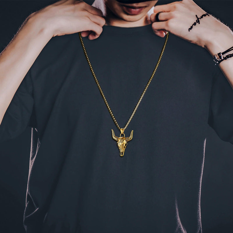 Flash Satanic Bull Cow Skull Necklace With Invert Pentagram for