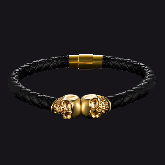 Black Braided Leather Bracelet With Skull for