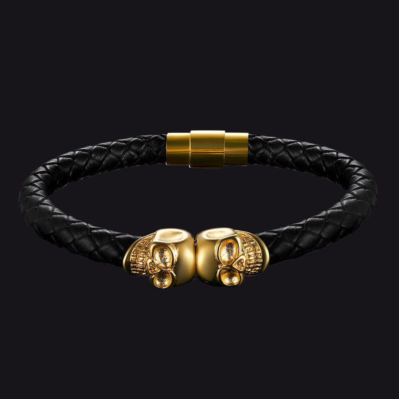 Black Braided Leather Bracelet With Skull for