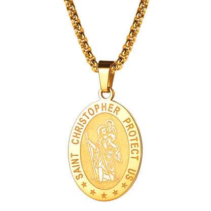Oval Christian Saint Christopher Protection Medal Necklace for