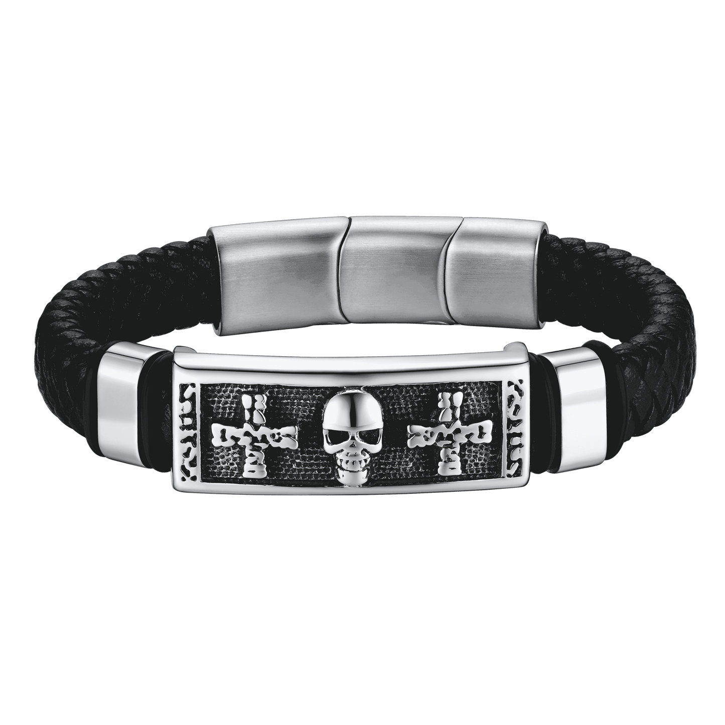 Gothic Black Skull Braided Leather Bracelet for Son Grandson