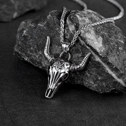 Flash Satanic Bull Cow Skull Necklace With Invert Pentagram for