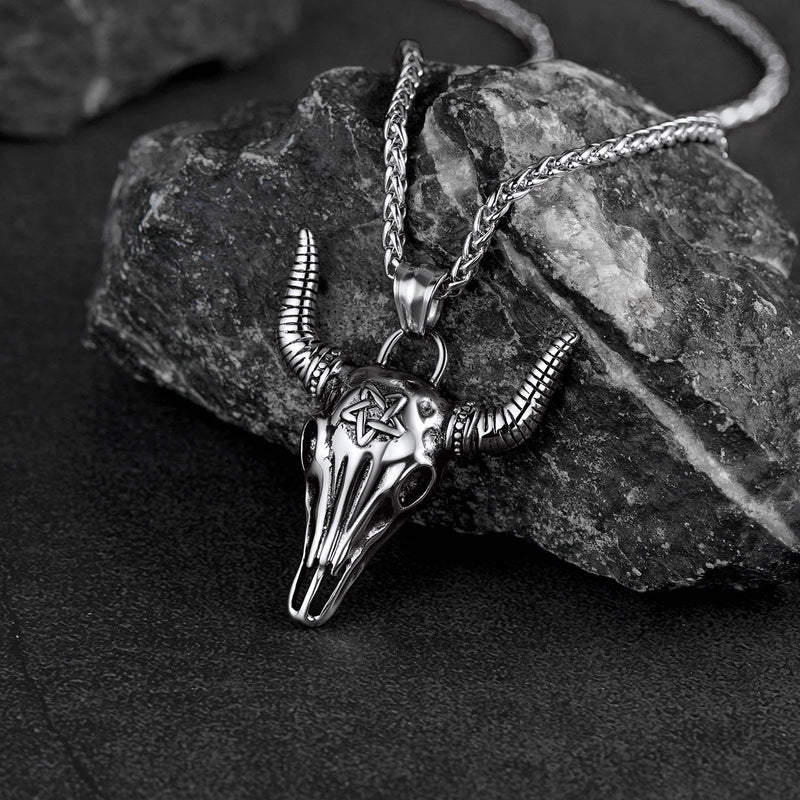 Flash Satanic Bull Cow Skull Necklace With Invert Pentagram for