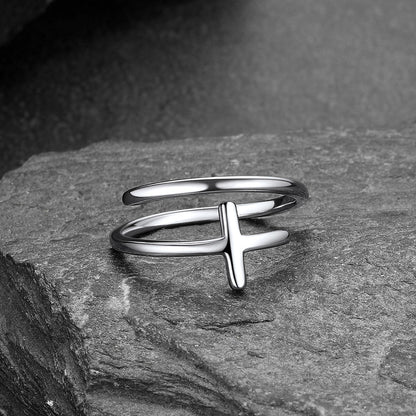 Sterling Silver Sideways Cross Ring Adjustable Open Ring for