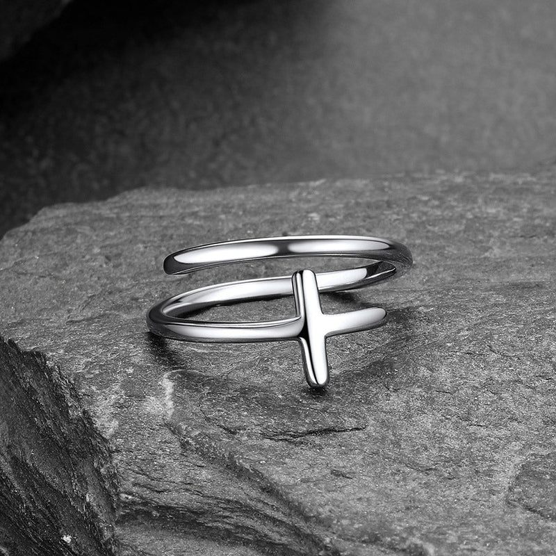 Sterling Silver Sideways Cross Ring Adjustable Open Ring for