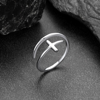 Sterling Silver Sideways Cross Ring Adjustable Open Ring for