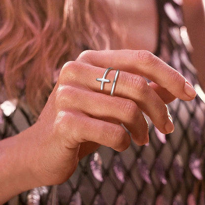 Sterling Silver Sideways Cross Ring Adjustable Open Ring for