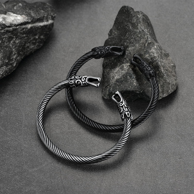 Viking Bracelet Norse Wolf Heads Cuff Bangle for
