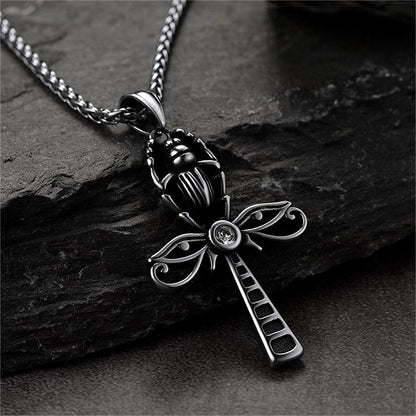 Egyptian Scarab Ankh Cross Necklace for