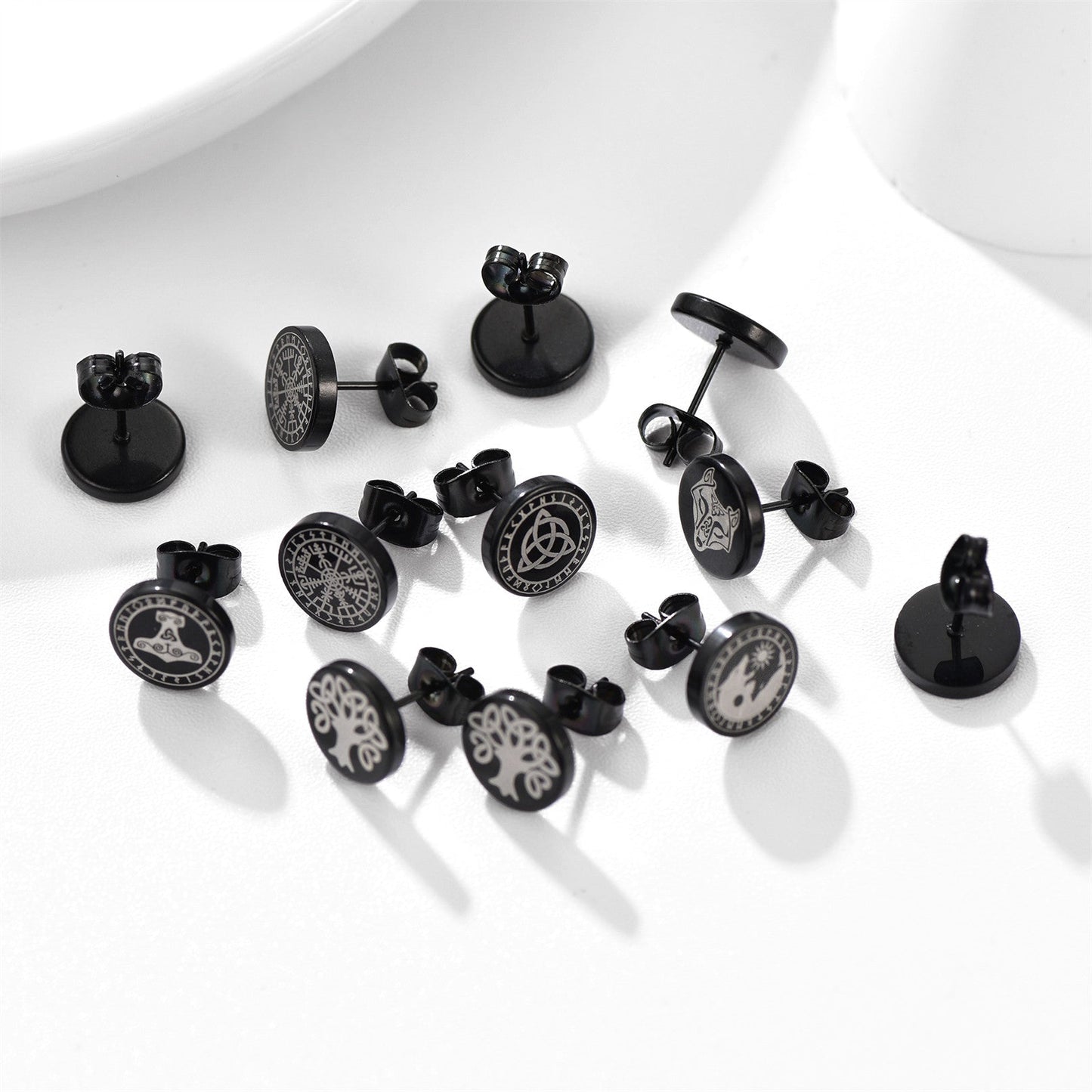 Viking Black Stud Earrings Set for 6 Pairs